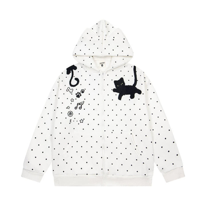 Damen Kapuzen‑Sweatjacke mit Katzenohren, Punktallover und Chenille‑Katzenapplikation Drune