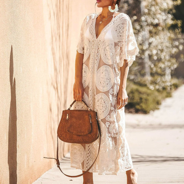 Damen Elegantes Häkel-Strandüberwurfkleid mit voluminösen Ärmeln und V-Ausschnitt Drune
