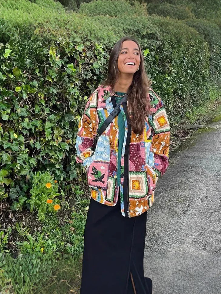 Damen gestepptes Quilt-Design Jacke mit bunten Mustern Drune