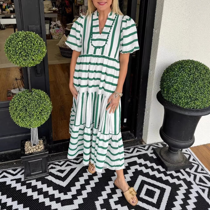 Damen Gestreiftes Maxi-Kleid mit Stufenrock, Rüschenblende und Puffärmeln Drune