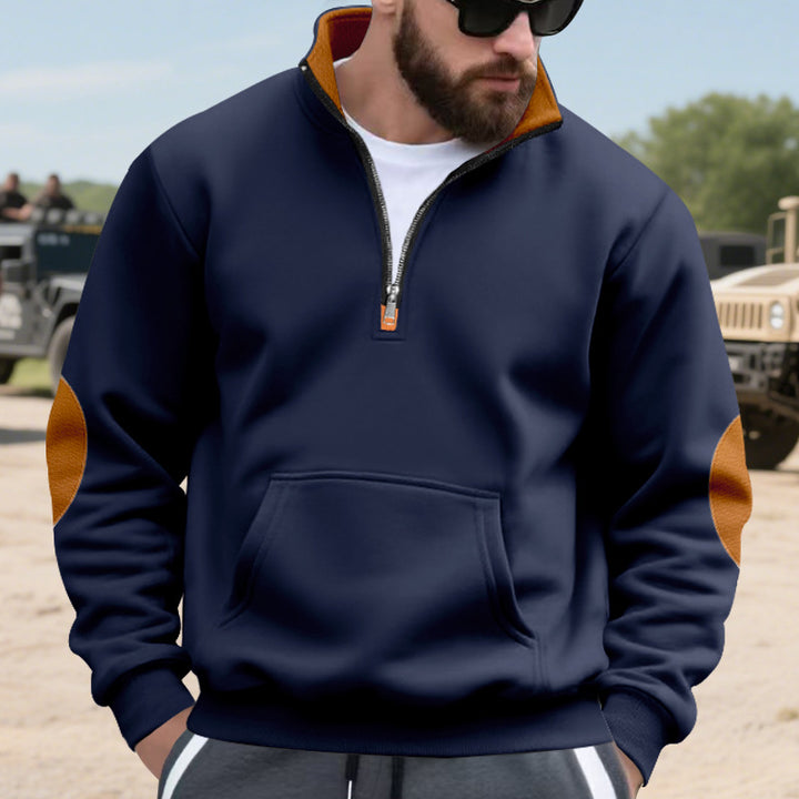 Herren nan isolierter Halbzip-Pullover mit Stehkragen Fleece-Innenfutter Kängurutasche und Wildleder-Ellenbogenpatches Drune