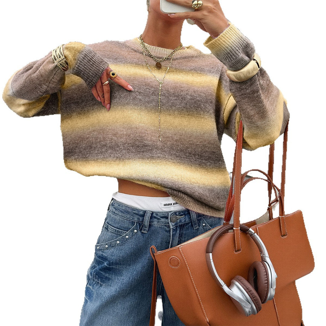Damen nan Oversized-Feinstrickpullover mit Ombre-Verlauf, Rundhalsausschnitt und überschnittener Schulter Drune