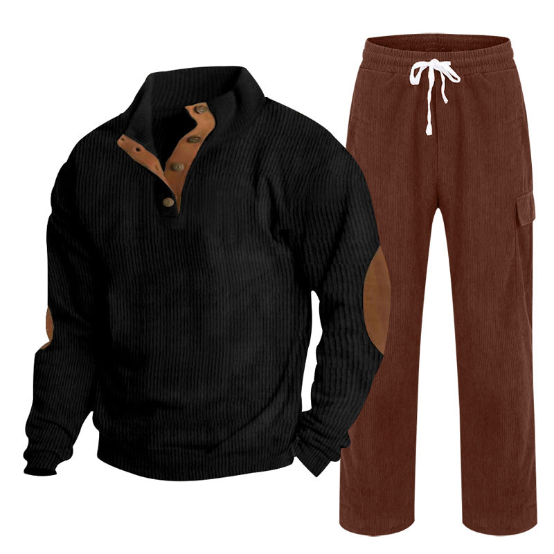 Herren Gemütliches Freizeit-Set aus Waffelstrick-Henley mit Ellenbogenpatch und Relax-Cargo-Hose Drune
