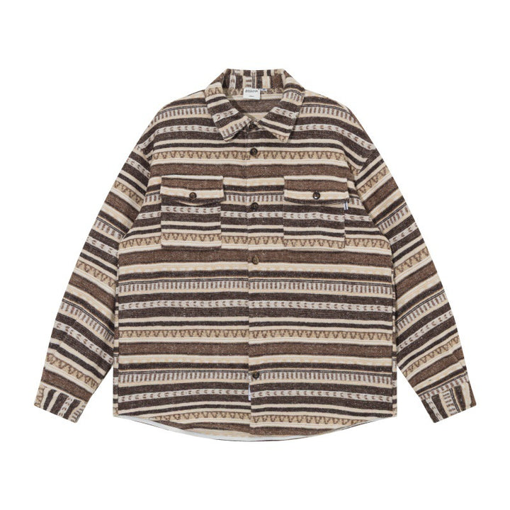 Unisex Oversize-Strickshirtjacke im Ethno‑Streifenmuster mit Pattentaschen Drune