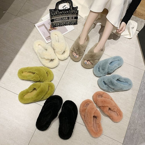 Damen Flauschige Hausschlappen mit gewendeten Riemen und ergonomischem Fußbett Drune
