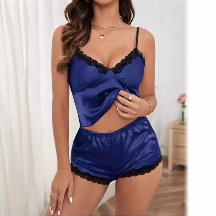 Damen Satin Schlafanzug-Set mit Spitze Drune