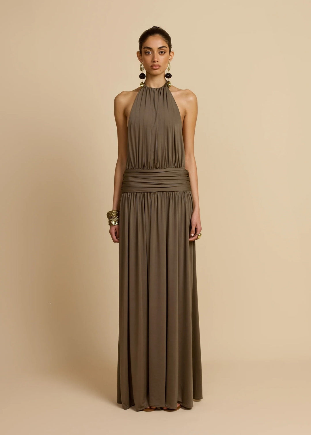 Damen Elegantes Maxikleid mit Hochgängigem Halterneck Drune