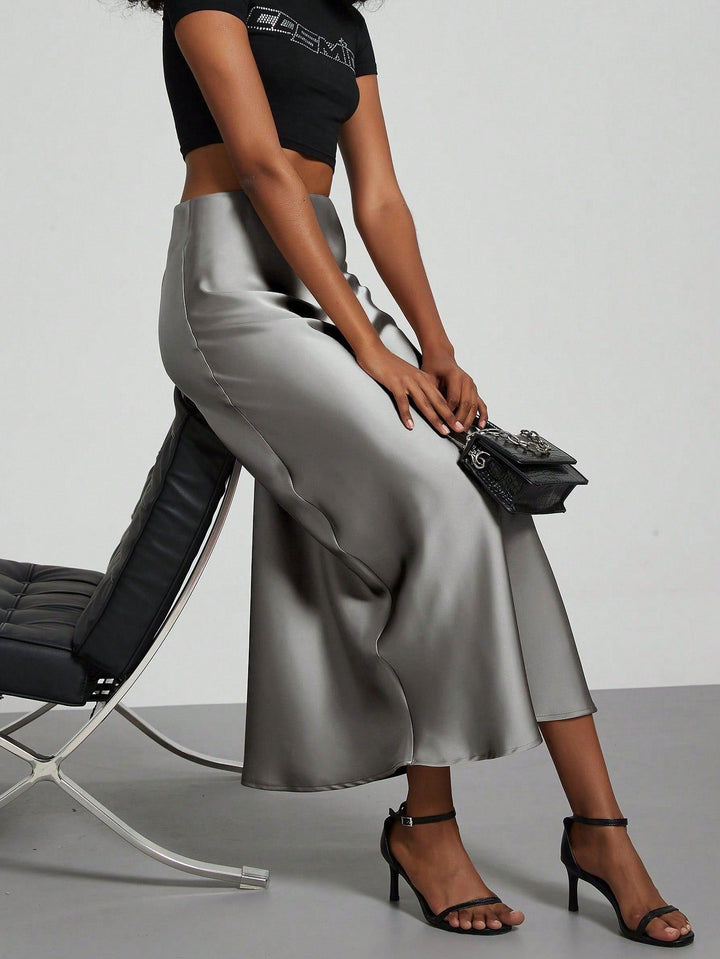 Damen-Satinrock mit hoher Taille und Midi-Länge