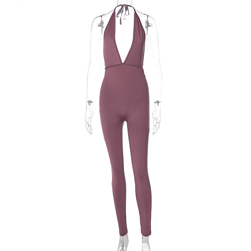 Damen eleganter Jersey-Einteiler mit tiefem Ausschnitt und Bindebändern Drune