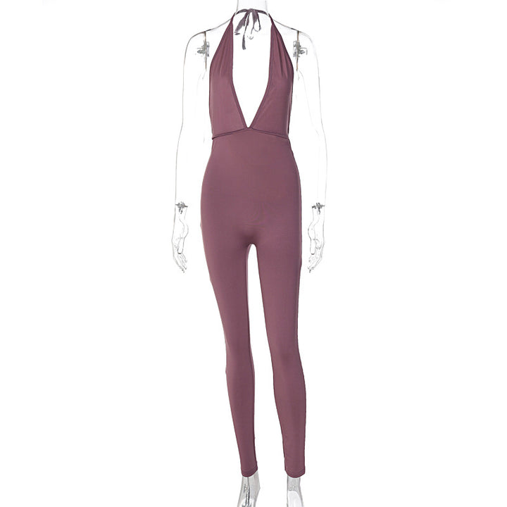 Damen eleganter Jersey-Einteiler mit tiefem Ausschnitt und Bindebändern Drune