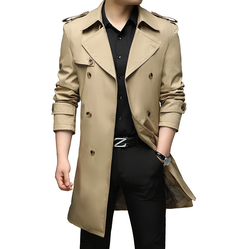 Herren Moderner Slim-Fit Trenchcoat mit Epauletten und doppelreihiger Knopfleiste Drune