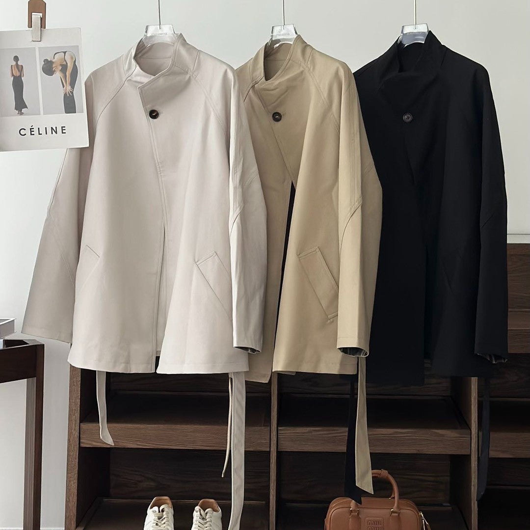Damen Taillierter Übergangsparka mit Bindegürtel und kariertem Ärmelbesatz Drune