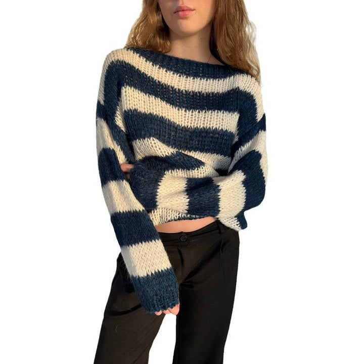 Damen Grobstrick-Pullover mit weitem Boot-Ausschnitt und Cropped-Passform Drune