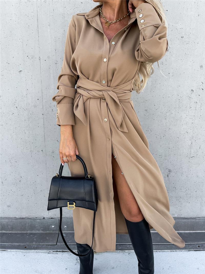 Damen Tailliertes Hemdblusen-Midikleid mit Bindegürtel, Manschetten und Frontschlitz Drune