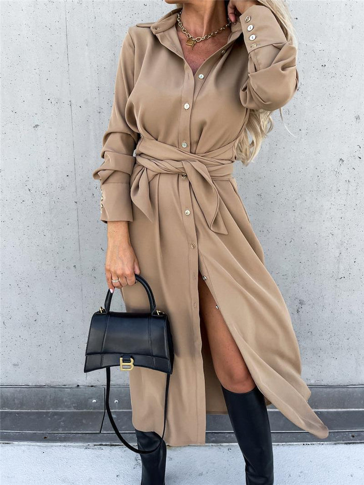 Damen Tailliertes Hemdblusen-Midikleid mit Bindegürtel, Manschetten und Frontschlitz Drune