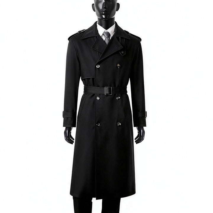 Herren Zeitloser Doppelreihiger Trenchcoat mit Taillengürtel, Schulterklappen und Manschettenriemen Drune