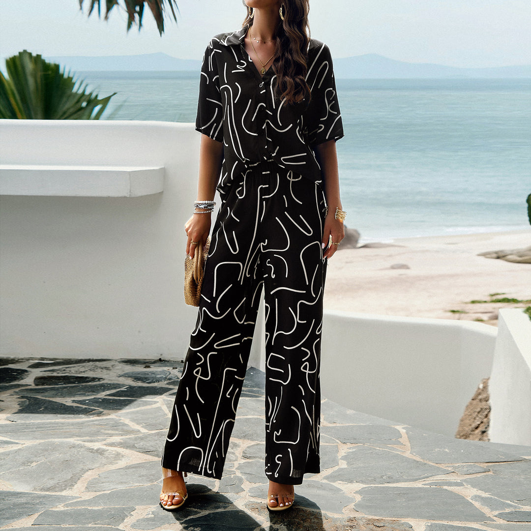 Damen Lässiges Zweiteiliges Set mit weitem Hosen-Design und elegantem Oberteil Drune