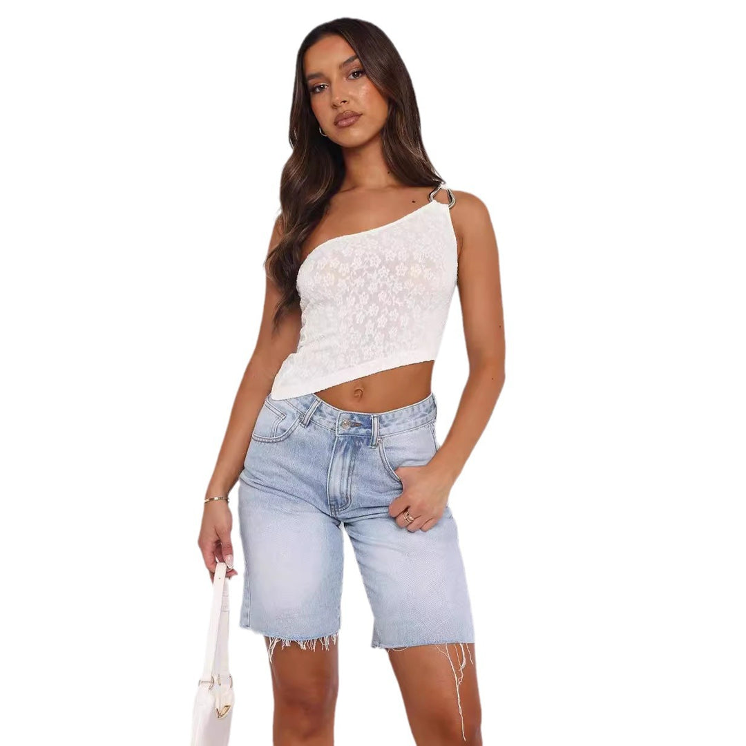 Damen asymmetrisches Spitzenoberteil mit funkelndem Ringdetail Drune