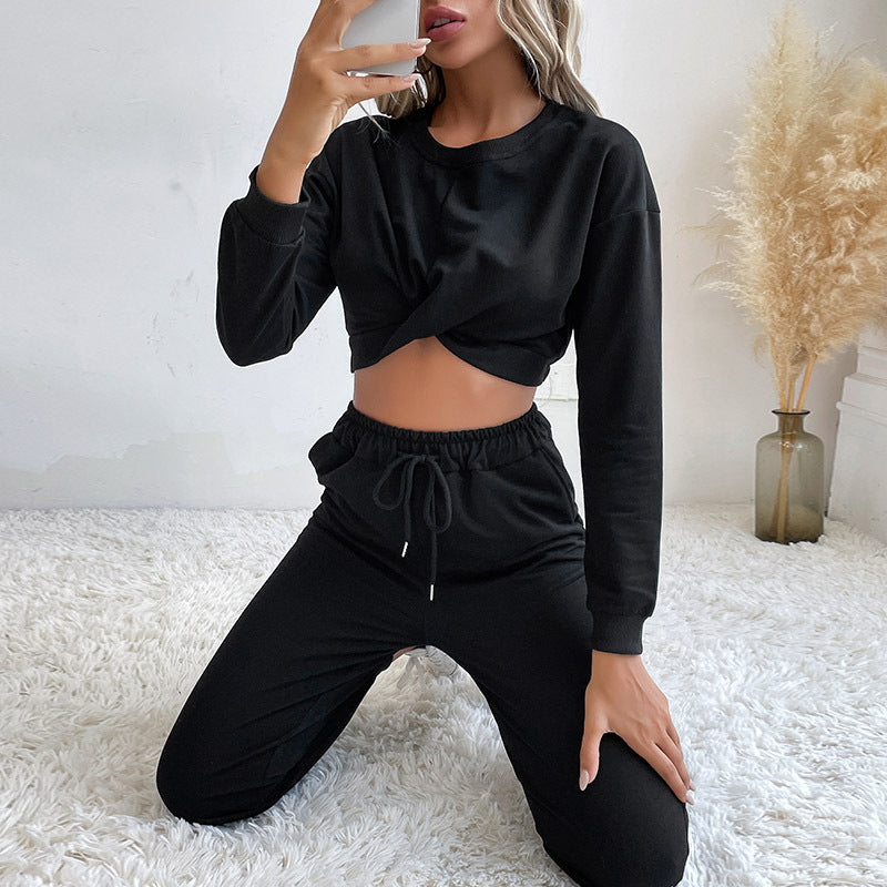 Damen Zweiteiliges Lounge-Set mit gedrehtem kurz geschnittenem Sweatshirt und hochtaillierter Jogginghose Drune