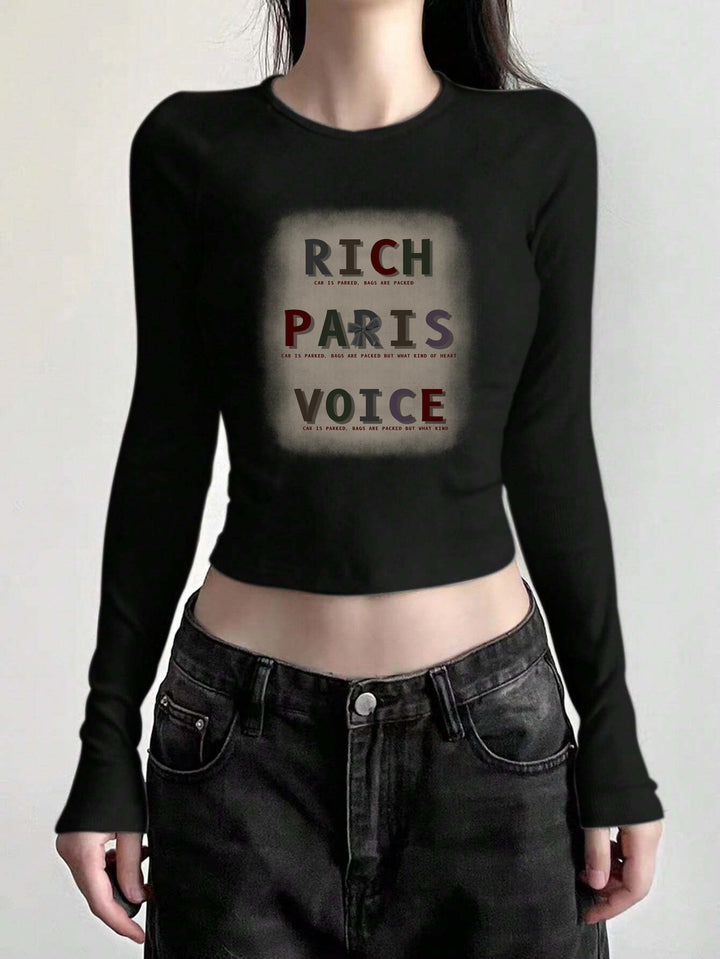 Damen nan figurbetontes langärmeliges Cropped-Shirt mit fotorealistischer Lippen-Collage und schmaler Passform Drune