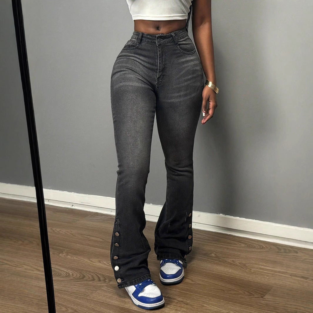 Damen hochtaillierte Flared-Jeans mit seitlicher Druckknopföffnung & sculptendem Sitz Drune