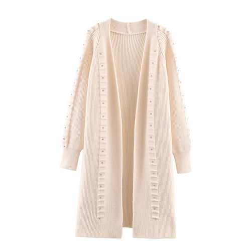 Damen Longline Strickcardigan mit Perlenbesatz und Rippbündchen Drune