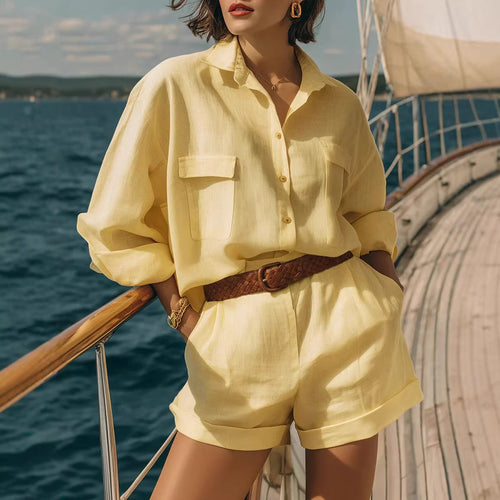 Damen Luftiges Kurzarm-Hemd und Shorts-Set Drune