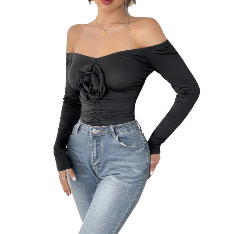 Damen Schulterfreies Longsleeve mit Rosenapplikation und taillierter Raffung Drune