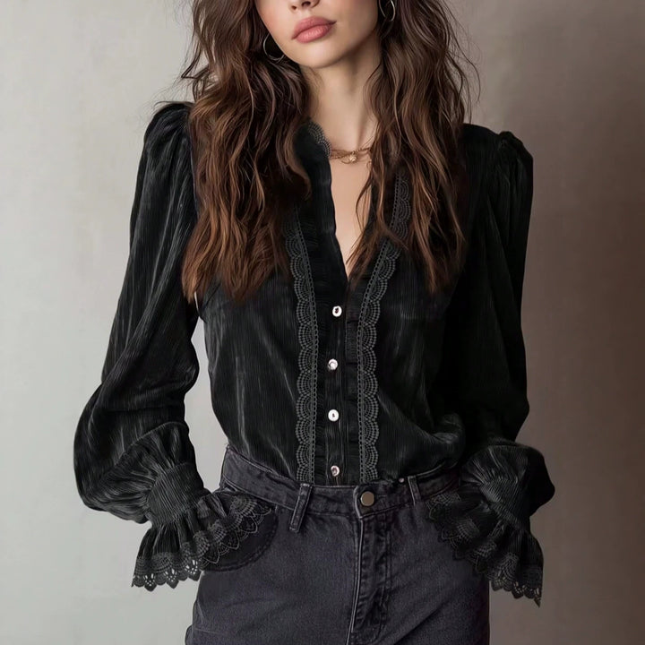 Damen Plissée-Veloursbluse mit Spitzenrüschen und Puffärmeln Drune