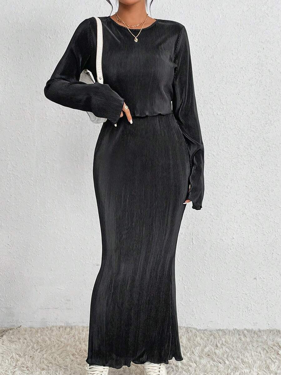 Damen Elegantes und figurbetontes Maxikleid mit langen Ärmeln Drune