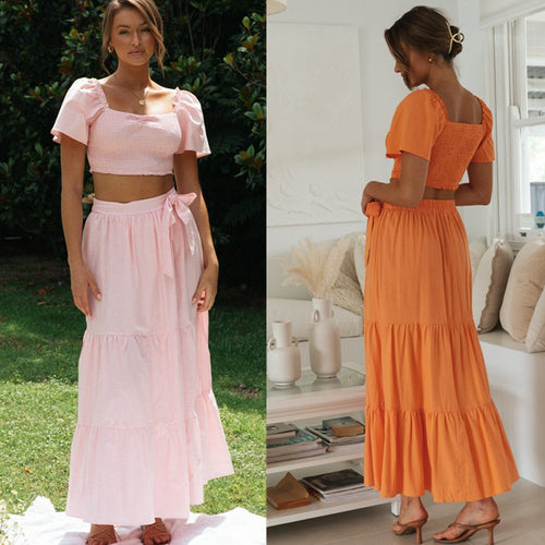 Damen Maxi-Rock und gepufftes Crop-Top Set Drune