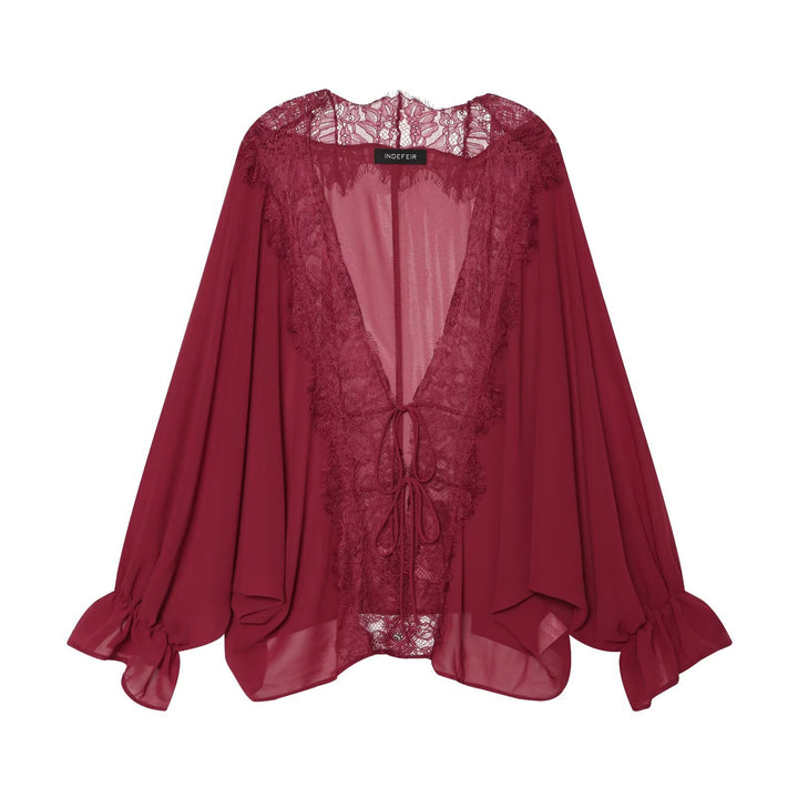 Damen Kaftan-Bluse mit Spitzenkante, Bindeband und Ballonärmeln Drune