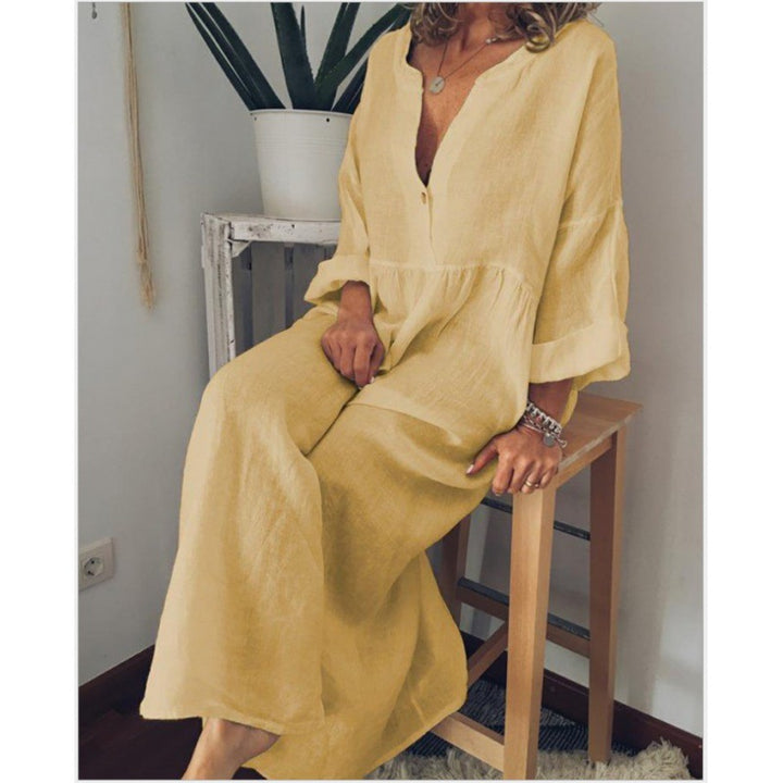 Damen Langes Leinen-Maxikleid mit V-Ausschnitt, geraffter Taille und 3/4-Ärmeln Drune