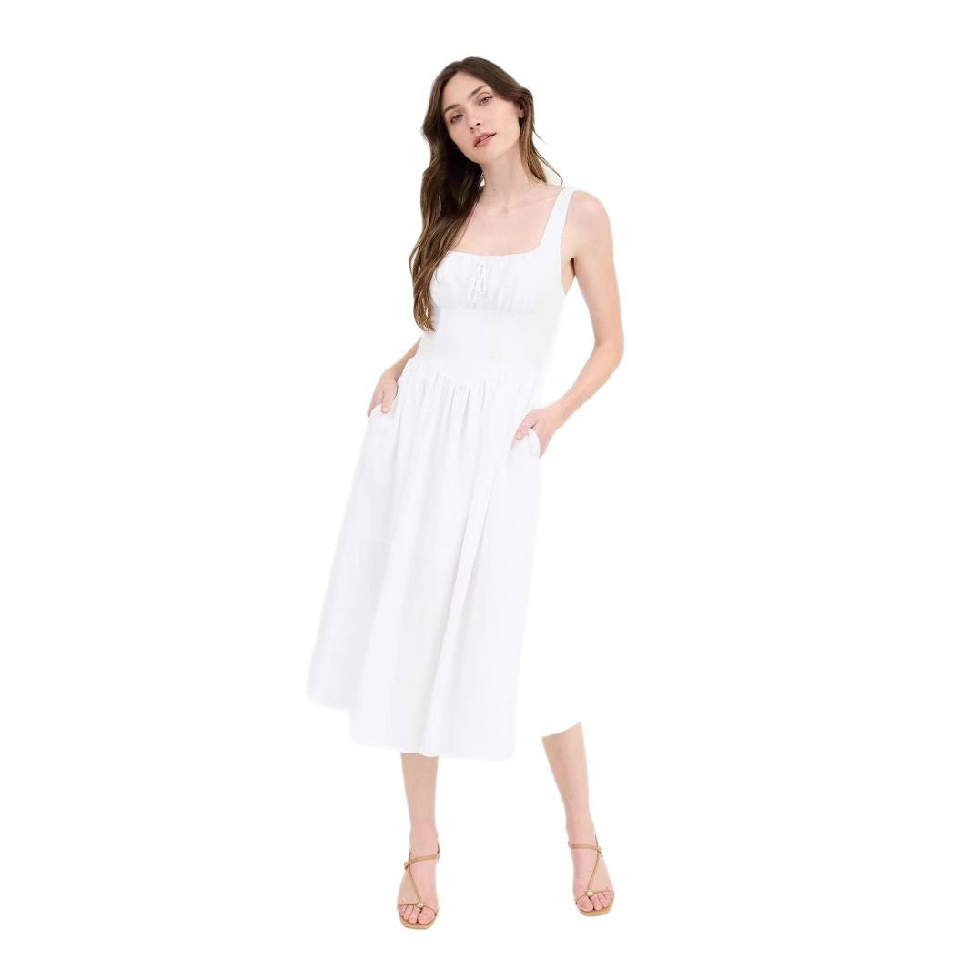Damen elegante Sommermittelkleid mit tiefem Ausschnitt und praktischen Taschen Drune