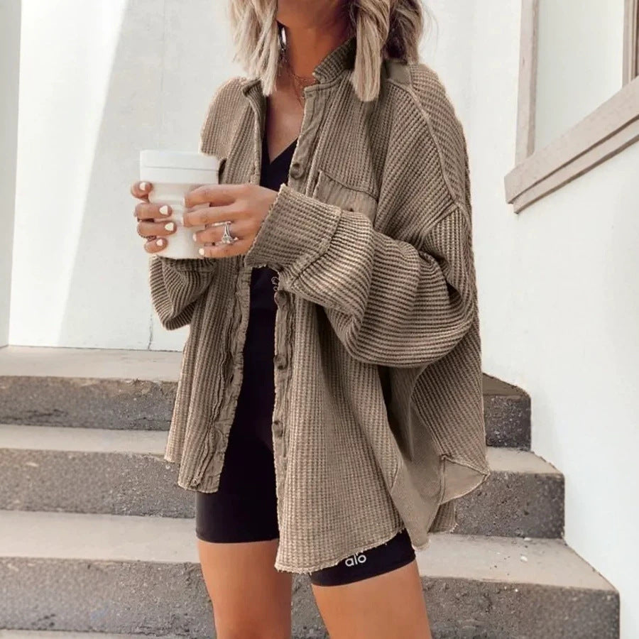 Damen Waffelstrick-Overshirt mit Knopfleiste und Brusttasche Drune