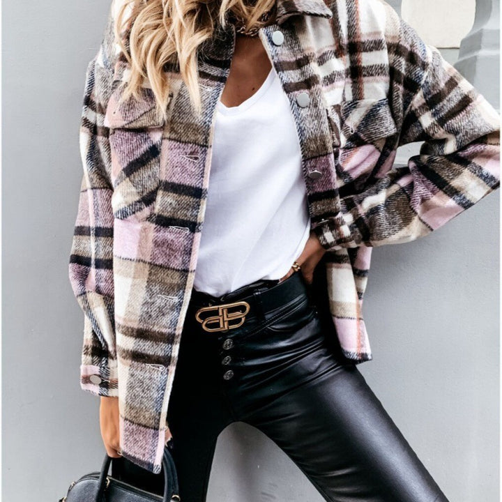 Damen Oversized Karo-Hemdjacke mit Druckknöpfen und aufgesetzten Brusttaschen Drune