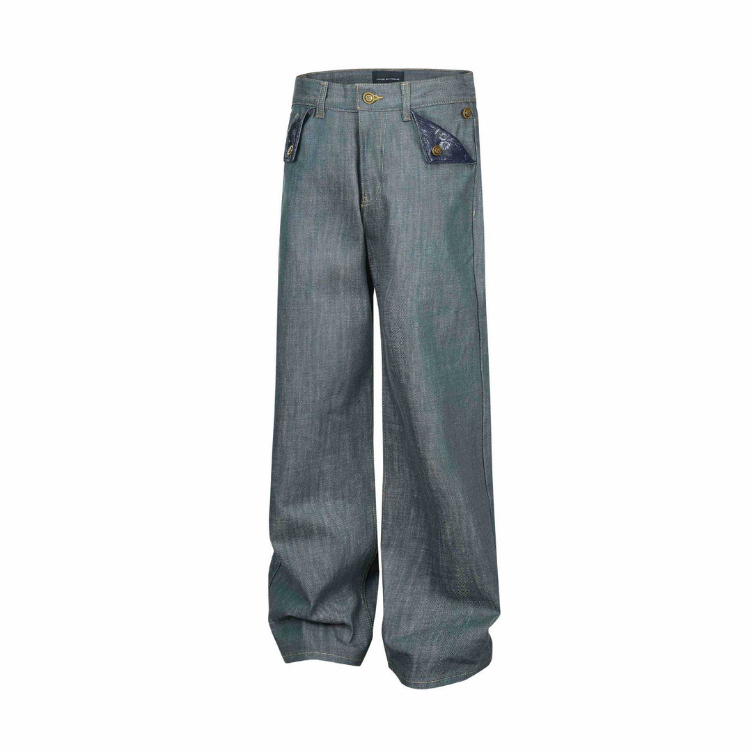 Damen Weite High‑Waist Jeanshose mit dekorativen Umschlagtaschen Drune