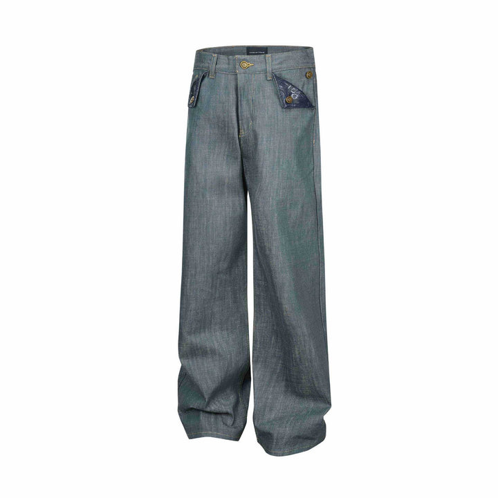 Damen Weite High‑Waist Jeanshose mit dekorativen Umschlagtaschen Drune