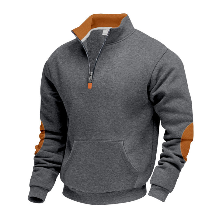Herren nan isolierter Halbzip-Pullover mit Stehkragen Fleece-Innenfutter Kängurutasche und Wildleder-Ellenbogenpatches Drune