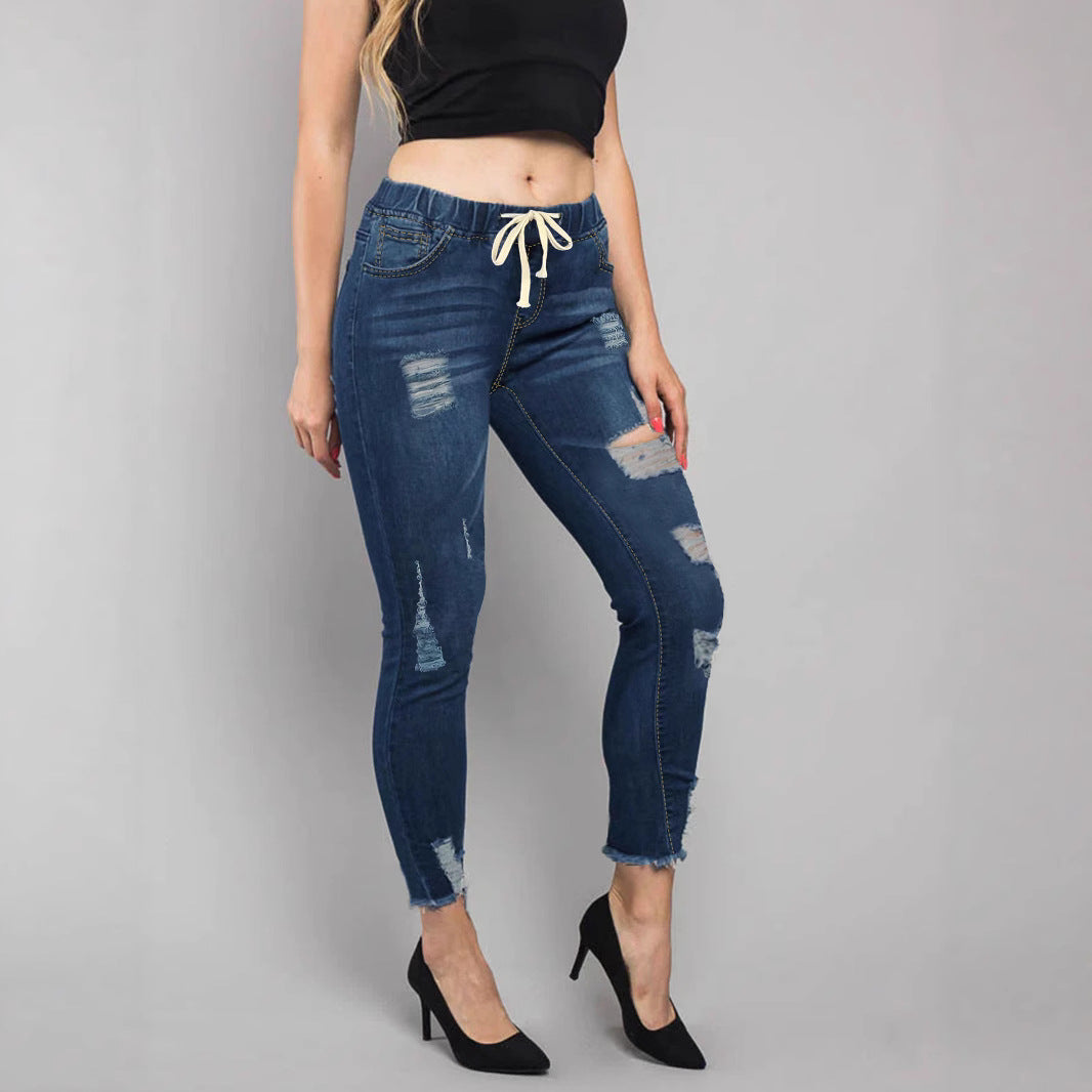 Damen Hochtaillierte Destroyed-Jogger-Jeans mit elastischem Tunnelzugbund und gekürztem Fransen-Saum Drune