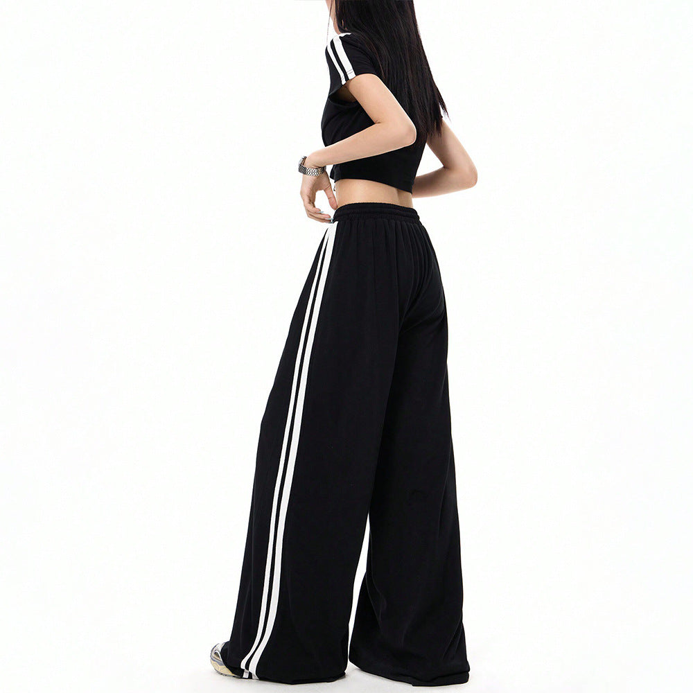 Damen lässige Highwaist weite Sweathose mit elastischem Bund, Tunnelzug und seitlichen Kontraststreifen Drune