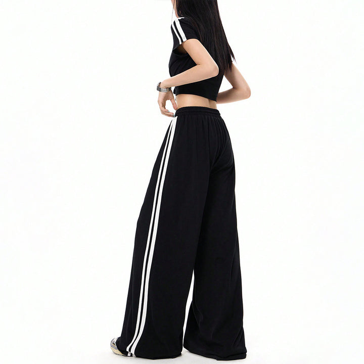 Damen lässige Highwaist weite Sweathose mit elastischem Bund, Tunnelzug und seitlichen Kontraststreifen Drune