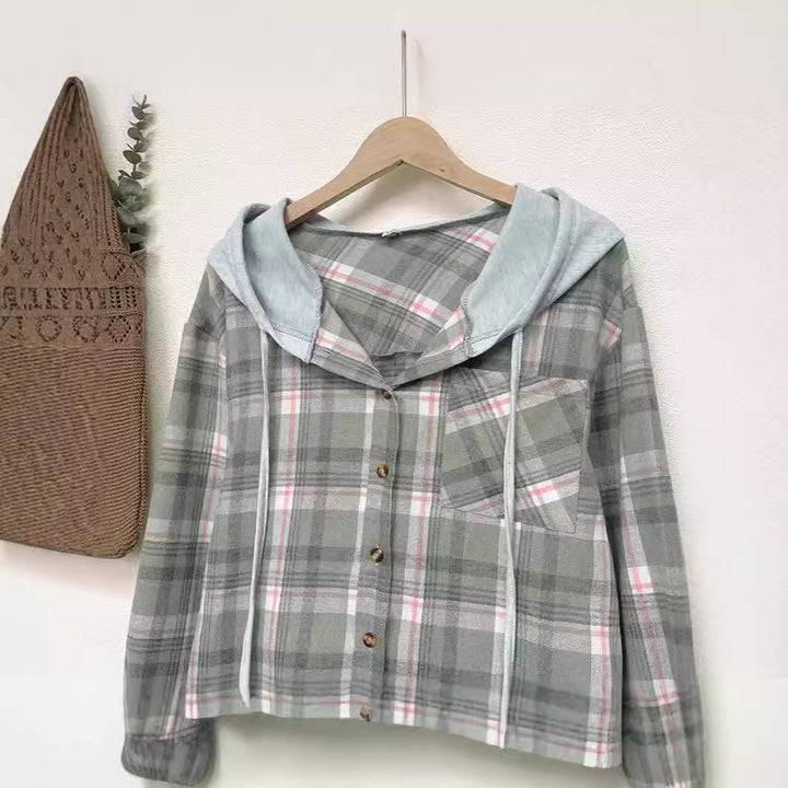 Damen nostalgische Karobluse mit Kapuze und Knopfverschluss Drune
