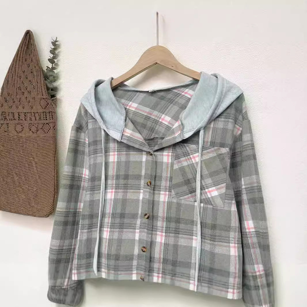 Damen nostalgische Karobluse mit Kapuze und Knopfverschluss Drune