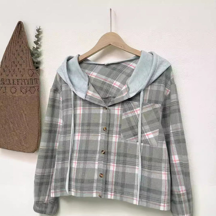 Damen nostalgische Karobluse mit Kapuze und Knopfverschluss Drune