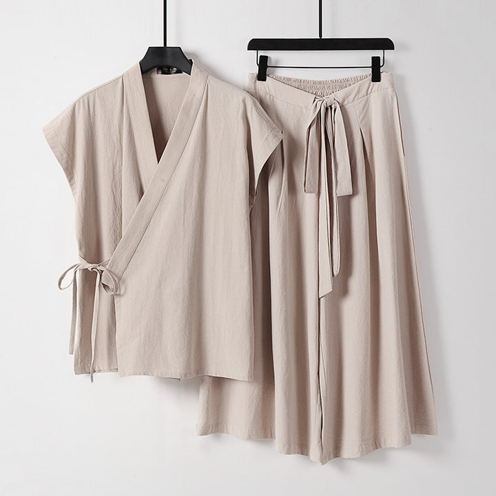 Damen Kimono-Loungewear-Set mit Wickeloberteil und weiter Palazzo-Hose Drune