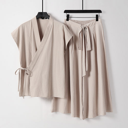 Damen Kimono-Loungewear-Set mit Wickeloberteil und weiter Palazzo-Hose Drune