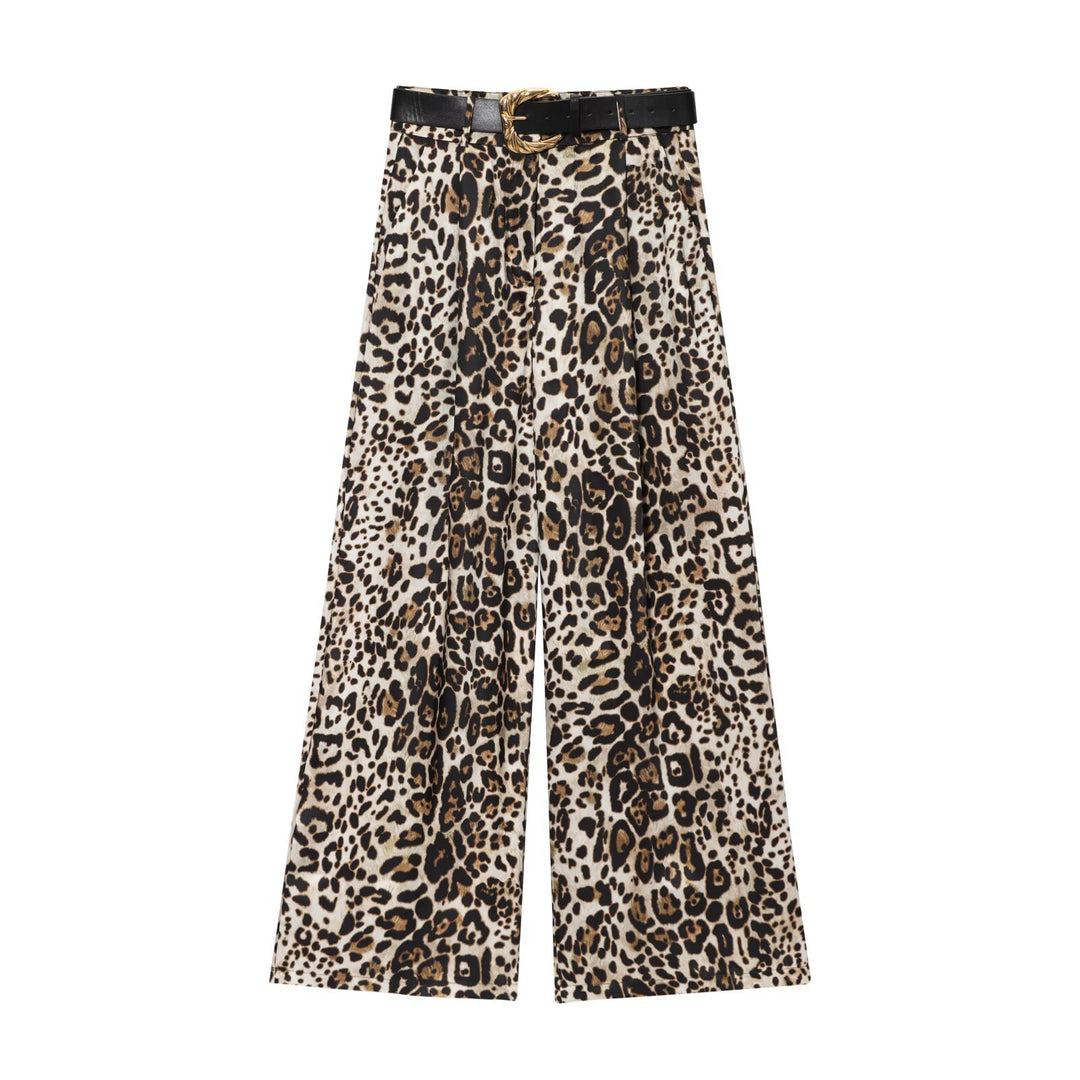 Damen High‑Waist Palazzo‑Hose mit Leoparden‑Print, weitem Bein und Ziergürtel Drune