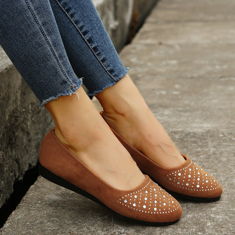 Damen nan flache Ballerina-Slipper aus Veloursimitat mit Strassapplikation und gepolsterter Komfortinnensohle Drune