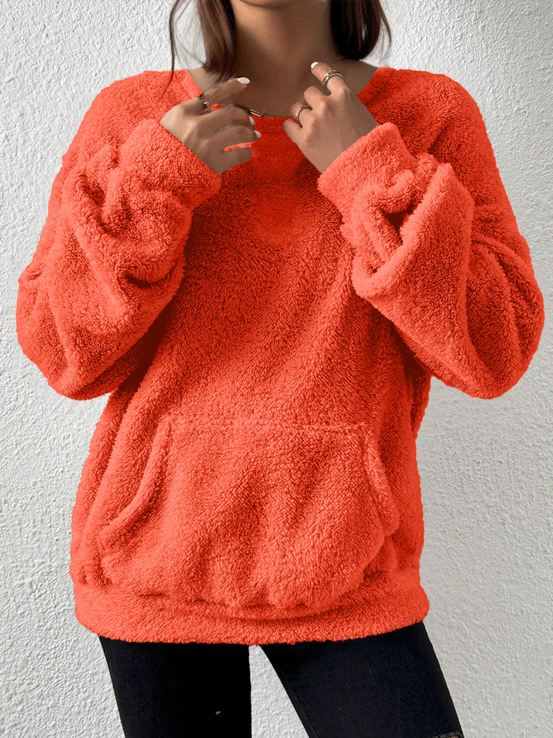 Damen Kuscheliger Teddy-Fleece-Pullover mit Kängurutasche Drune